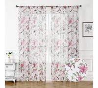 Tollpiz Lot de 2 Rideaux Voile Transparents à Motif Floral Rose Cerisier et Papillons pour Chambre à Coucher, Voilage Aspect Lin Blanc pour le Salon, 137,2 x 241,3 cm
