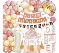 TOLOYE Decoration Anniversaire 1 An Fille, Boho Rose Deco Anniversaire 1 An Fille avec Bannière Photo, Boîte à Ballons, Tortendeko, Folienballon, Happy Birthday Decoration pour Bebe