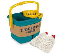 TOMAINO Seau serpillère double bac 14 l avec essoreur, 2 cuves de 7 l pour eau propre et sale + 2 serpillères de rechange en coton, pour maison et usage professionnel - Fabriqué en Italie