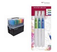 Tombow ABT-108C Coffret pour ABT Dual Brush Pens avec 107 couleurs et mélangeur & Wb-3P Set de Pinceaux avec Réservoir D’Eau (Vide), 3 Pièces, 1x Pointe de Pinceau Fine, moyenne et Plate