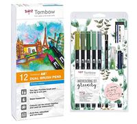 Tombow ABT-12P-1 Lot de 12 Feutres pinceau à 2 pointes, couleurs primaires & Water Coloring Set - Gr Set D’Aquarelle Greenery