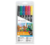 Tombow ABT-6P-1 Lot de 6 Feutres pinceau à 2 pointes, couleurs primaires