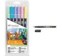 Tombow ABT-6P-2 Feutres pinceau à 2 pointes - Multicolore - Lot de 6 & WS-BS Stylo-feutre pointe souple Fudenosuke, noir