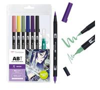 Tombow ABT Dual Brush Pen Set Manga Aquarelle Moon, set de 6 ABT + pinceau à réservoir d'eau, modèles de coloriage & tutoriel vidéo [ABT-6P-MANGA-MOON], bleu