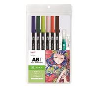 Tombow ABT Dual Brush Pen Set Manga Aquarelle Wind, set de 6 ABT + pinceau à réservoir d'eau, modèles de coloriage & tutoriel vidéo [ABT-6P-MANGA-WIND]