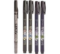 Tombow Fudenosuke Lot de 5 pinceaux (grand set de calligraphie), 2 pointes dures + 2 pointes souples + double pinceau (noir + gris)