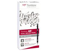 Tombow ABT-12P-3 Lot de 12 Feutres pinceau à 2 pointes, nuances de gris