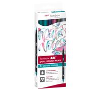 Tombow ABT Lot de 6 stylos à double pinceau, couleurs vintage, avec deux pointes, parfaits pour le lettrage à la main et le bullet journal, effaçables à l'eau, ABT-6C-5