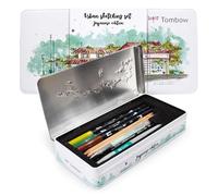Tombow Set Urban Sketching "Japan Edition", matériel d'artiste de haute qualité & instructions, Brush Pens & Waterbrush pour aquarelle, boîte de rangement en métal [URBAN-SET2]