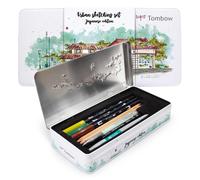 Tombow Set Urban Sketching "Japan Edition", matériel d'artiste de haute qualité & instructions, Brush Pens & Waterbrush pour aquarelle, boîte de rangement en métal [URBAN-SET2]