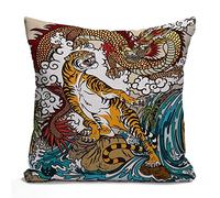 Tomda Housse de coussin en coton et lin avec motif dragon chinois et tigre dans le paysage avec cascade - Décoration pour la maison, le bureau, le canapé, le salon - Carré - 45 x 45 cm