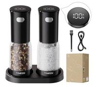 TOMEEM Ensemble de moulins à sel et poivre électriques - Rechargeable avec indicateur d'alimentation LED, broyage réglable sur 5 niveaux, lumière LED, salière et poivrière de grande capacité de 127,6