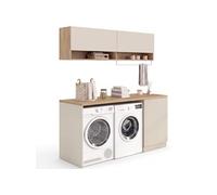 IDMarket - Meuble de buanderie Machine à Laver et sèche-Linge TOMI avec Plan de Travail L. 180 cm et placards Beige et Bois
