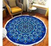 Tomifine Tapis Rond en Coton avec Franges Mandala, Bohème Salon Tissé Tapis Antiderapant avec Glands, Doux Tapis de Sol d'entrée pour Chambre à Coucher, Couloir (100 cm,Bleu)