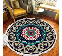 Tomifine Tapis Rond en Coton avec Franges Mandala, Bohème Salon Tissé Tapis Antiderapant avec Glands, Doux Tapis de Sol d'entrée pour Chambre à Coucher, Couloir (120 cm,Noir Vert)