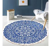 Tomifine Tapis Rond en Coton Tressé Bohème Avec Franges Mandala Motif Antidérapant - Décoration du Sol pour Chambre à Coucher, Couloir, Salon (60 cm, Bleu 2)