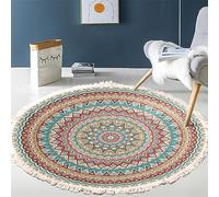 Tomifine Tapis Rond en Coton Tressé Bohème Tapis avec Franges Mandala Motif Antidérapant Tapis Décoration du Sol pour Chambre à Coucher, Couloir, Salon (120 cm,Rouge Vert)