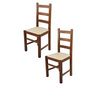 Tommychairs - Set 2 chaises RUSTICA pour cuisine, bar et salle à manger, robuste structure en bois de hêtre peindré en noyer clair et assise rembourrée et revêtue en cuir artificiel couleur ivoire