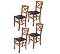Tommychairs - Set 4 chaises CROSS pour cuisine, bar et salle à manger, robuste structure en bois de hêtre peindré en couleur noyer clair et assise rembourrée et revêtue en cuir artificiel couleur noir