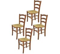 Tommychairs - Set 4 chaises cuisine VENICE, robuste structure en bois de hêtre peindré en couleur noyer clair et assise en paille