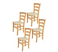 Tommychairs - Set 4 chaises VENICE pour cuisine, bar et salle à manger, robuste structure en bois de hêtre peindré en couleur miel et assise rembourrée et revêtue en cuir artificiel couleur ivoire