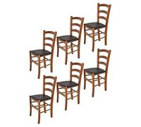 Tommychairs - Set 6 chaises VENICE pour cuisine, bar et salle à manger, robuste structure en bois de hêtre peindré en couleur noyer clair et assise rembourrée et revêtue en cuir artificiel moka