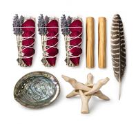 Tomoko Kit de sauge blanche avec 3 sauges blanches avec rose et lavande, 2 palo Santo, coquille d'ormeau, trépied en bois et plume. Guérison, purifiant, méditant, encens et nettoyage