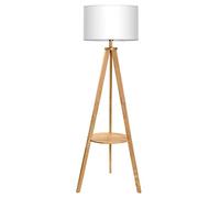 Tomons Lampadaire Trépied en Bois, Lampe sur Pied avec Tablette et Ampoule E27 8W, Abat-Jour en Tissu Blanc, Style Scandinave, Moderne Nordique pour Salon, Chambre, Bureau