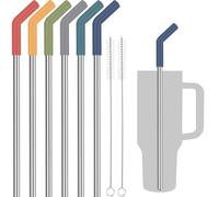 Tomorotec 6 pailles en acier inoxydable avec embouts en silicone adaptées au gobelet Stanley de 1,2 L, ensemble de pailles réutilisables de 33 cm avec rallonges colorées et 2 brosses, compatible avec
