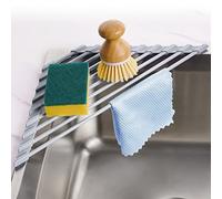 Tomorotec Égouttoir à Vaisselle Triangulaire Enroulable avec revêtement en Silicone pour Coin de l'évier, Petit égouttoir de Cuisine Pliable en Acier Inoxydable Multifonction pour économiser (Gris)