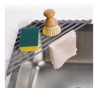 Tomorotec Égouttoir de coin enroulable pour évier, tapis de séchage triangulaire pour évier, tiges métalliques (en fer) gainées de silicone, égouttoir à vaisselle peu encombrant, trivet résistant à la