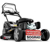 Tondeuse à essence 6,5 chevaux – 53 cm, démarrage électrique | Moteur 4 temps de 196 cm³, système de coupe à 4 lames, bac de ramassage de 60 litres, entraînement des roues, éjection latérale et largeu