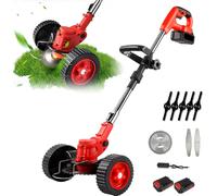 Tondeuse à gazon électrique - Tondeuse à gazon sans fil 650 W - 2 batteries - Pliable - Légère et portable - Poignée réglable - Avec roues - Rouge