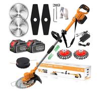 Tondeuse à gazon sans fil 21 V avec 2 batteries de 4,0 Ah et 4 types de lames en métal sans balais avec brosse métallique 4 en 1 pour débroussailleuse de jardin sans fil/coupe-gazon/bordure de pelouse