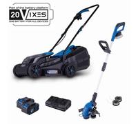 Tondeuse à gazon sans fil SCHEPPACH 20V IXES, largeur de coupe 32 cm + kit 2-en-1 : coupe-bordure/débroussailleuse, avec 2 batteries de 4,0 Ah et un chargeur de 2,4 A