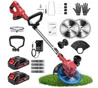 Tondeuse à gazon sans fil Victool 21V avec 2 batteries et chargeur, tête pivotante à 90°, 3-en-1 pour tondre, tailler et couper les bordures, Débroussailleuse sans fil extensible pour gazon, jardin