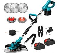 Tondeuse et coupe-bordures sans fil, coupe-bordures pour pelouse 21V avec 2 batteries, 4 types de lames + 1 cisaille de jardin, manche télescopique réglable – pour jardin, pelouse, bordures de trottoi