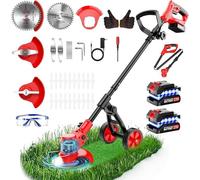 Tondeuse-trimmeur sans fil 21V, 4 en 1. Coupe-bordures avec 2 batteries de 2,0 Ah et chargeur, tête pivotante à 90°, coupe-bordures léger avec 4 types de lames et roues amovibles, idéal pour les jardi