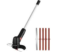 Tondeuses à gazon électriques avec manche télescopique et accessoire désherbeur.