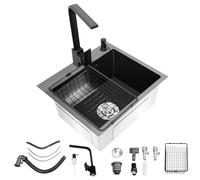 TONFEION Évier de cuisine, en acier inoxydable, 45 x 40 cm, encastrable, avec robinet et panier d'égouttement, lavabo avec distributeur de savon de 150 ml, 1 bac