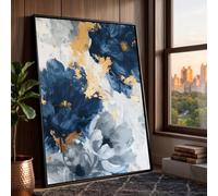 TONGYINLI Tableau élégant sur toile à motifs floraux bleus, peinture à l'huile de fleurs dorées, affiches et impressions botaniques, décoration intérieure contemporaine (70 x 100 cm/sans cadre)