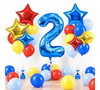 TONIFUL Kit de ballons bleus en forme de chiffre 2 pour enfants | Lot de 2 grands ballons en aluminium bleu de 101,6 cm avec ballons rouge, jaune, bleu pour carnaval, bande dessinée