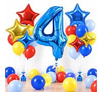 TONIFUL Kit de ballons bleus en forme de chiffre 4 pour enfants | Lot de 4 grands ballons en aluminium bleu de 101,6 cm avec ballons rouge/jaune/bleu pour décoration de fête sur le thème de