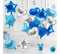 TONIFUL Lot de 18 ballons en aluminium mylar bleu et argenté en forme d'étoile et de cœur pour révélation du sexe, fête prénatale, anniversaire de mariage, remise de diplôme - 45,7 cm