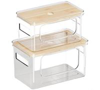 TONIXY Boîte de rangement empilable transparente, couvercle en bois PET pour la maison, le bureau, la salle de bain, récipient anti-poussière pour cosmétiques, papeterie (D)