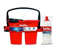 TONKITA Set de Nettoyage des sols, 3 pièces, Seau à 2 cuvettes avec essoreur 14 litres, Manche 130 cm en Acier modulable Verni, serpillère pour sols délicats