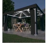 Tonnelle avec rideau et guirlande lumineuse - vidaXL - 4x3 m - Anthracite - Blanc chaud - Énergie solaire - Double toit