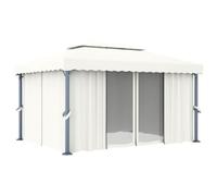 Tonnelle avec rideaux 4 x 3 m blanc crème aluminium et acier | Toit double, polyester enduit de PA, écrans en maille, crochets et fermetures à anneaux, hauteur 2,64 m