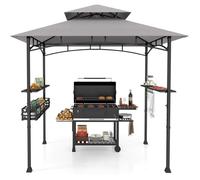 Tonnelle de Barbecue 242 x 153cm, Abri Barbecue Cadre en Métal, 2 Etagères, Panier de Rangement, Crochets