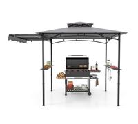 CostwayTonnelle de Barbecue 318 x 153 cm avec Auvent Latéral Abri Barbecue Cadre en Métal avec Dessus à 2 Niveaux 2 Etagères Gris
